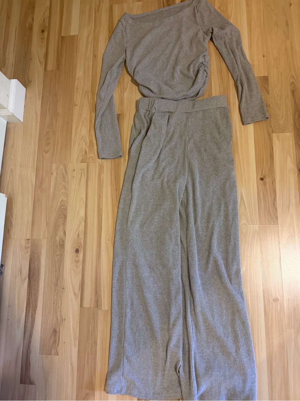 Ribbed Wide-Leg Knit Pants and Top Set - Taupe